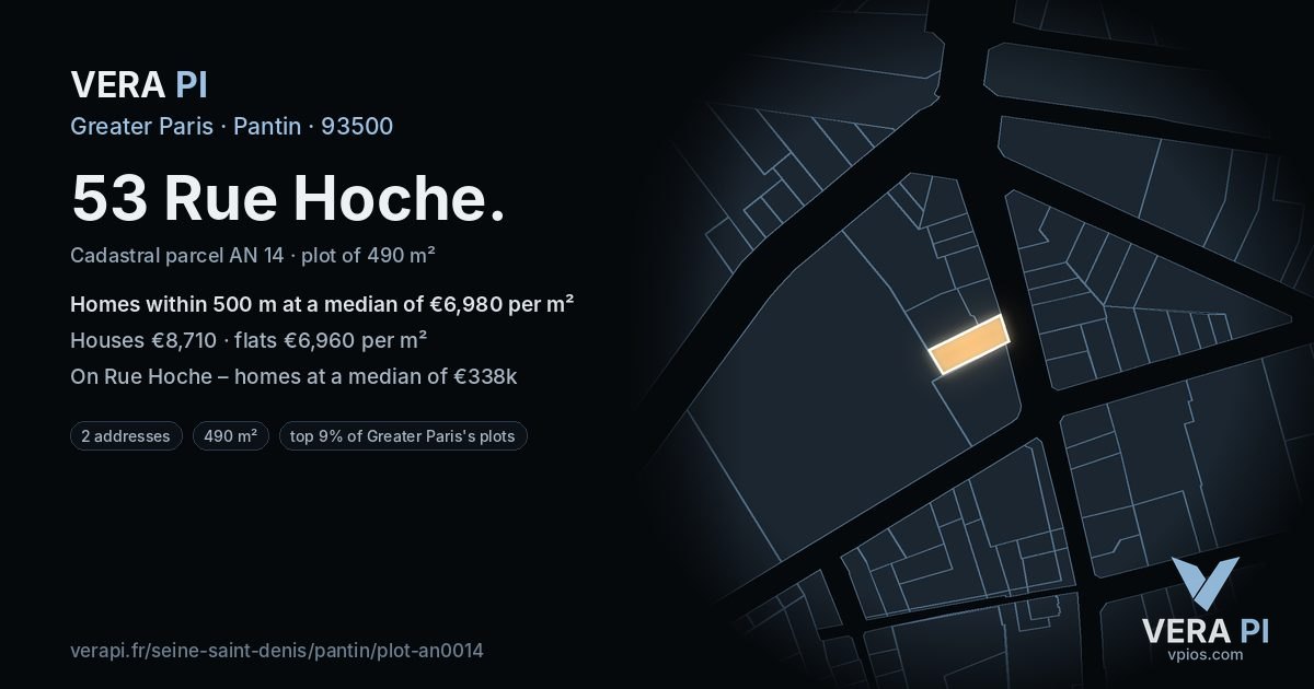 53 Rue Hoche, Pantin at night – the plot lit, the parcels around coloured by the prices near them