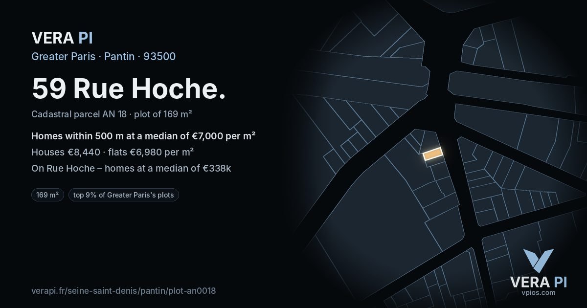 59 Rue Hoche, Pantin at night – the plot lit, the parcels around coloured by the prices near them
