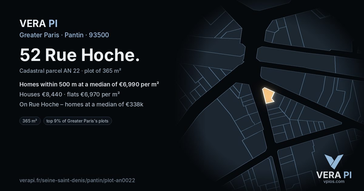 52 Rue Hoche, Pantin at night – the plot lit, the parcels around coloured by the prices near them