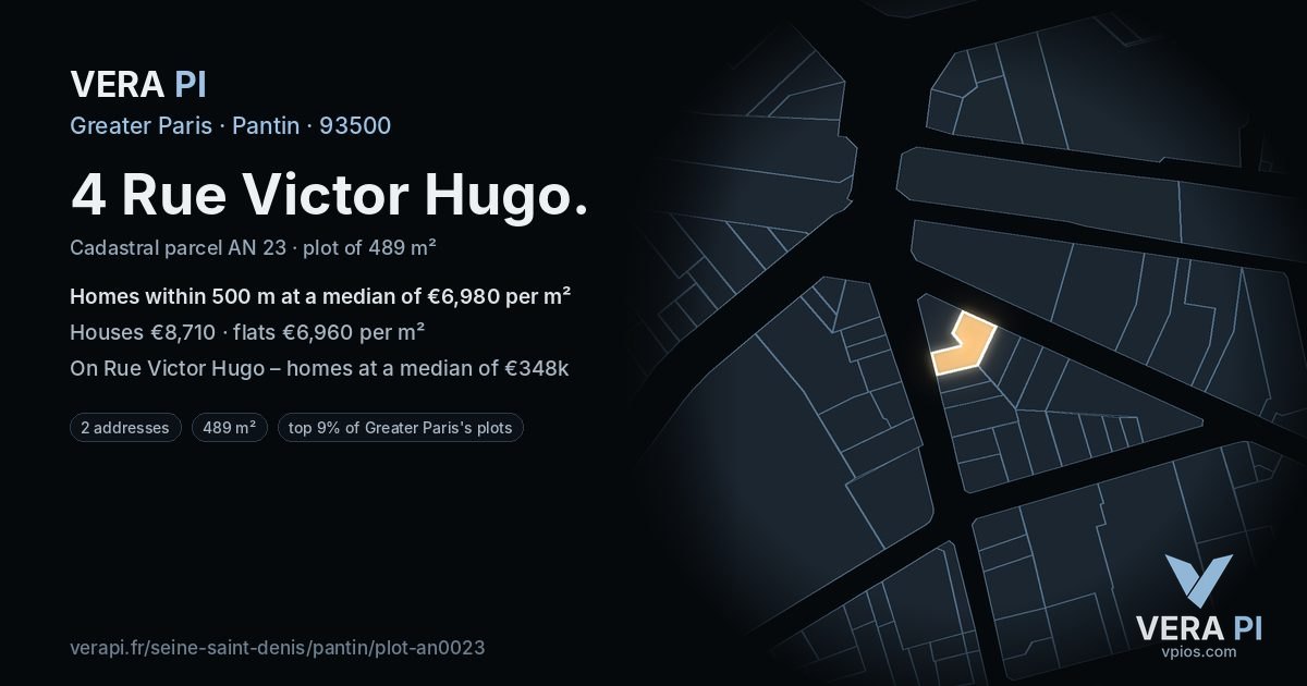 4 Rue Victor Hugo, Pantin at night – the plot lit, the parcels around coloured by the prices near them
