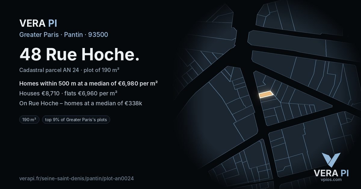 48 Rue Hoche, Pantin at night – the plot lit, the parcels around coloured by the prices near them