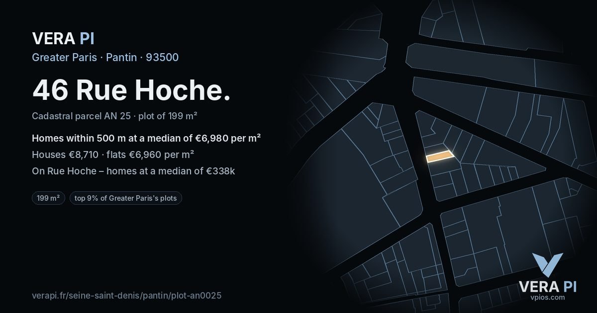46 Rue Hoche, Pantin at night – the plot lit, the parcels around coloured by the prices near them