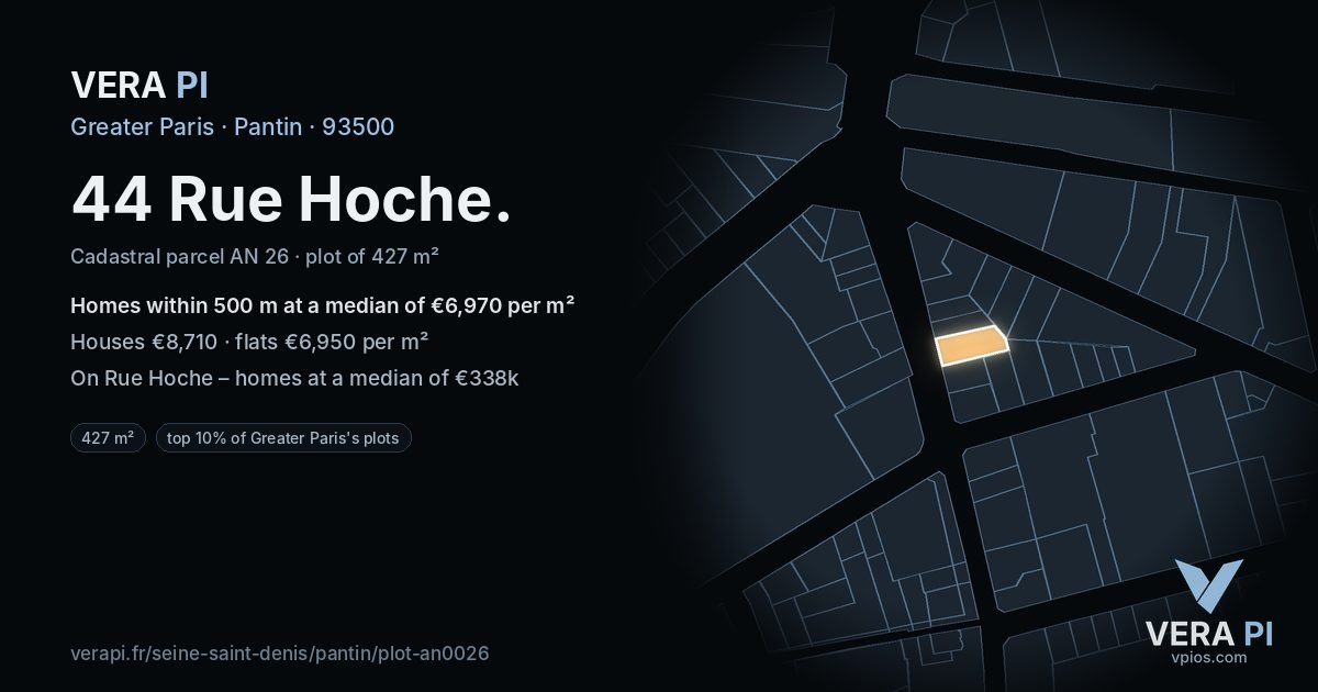 44 Rue Hoche, Pantin at night – the plot lit, the parcels around coloured by the prices near them