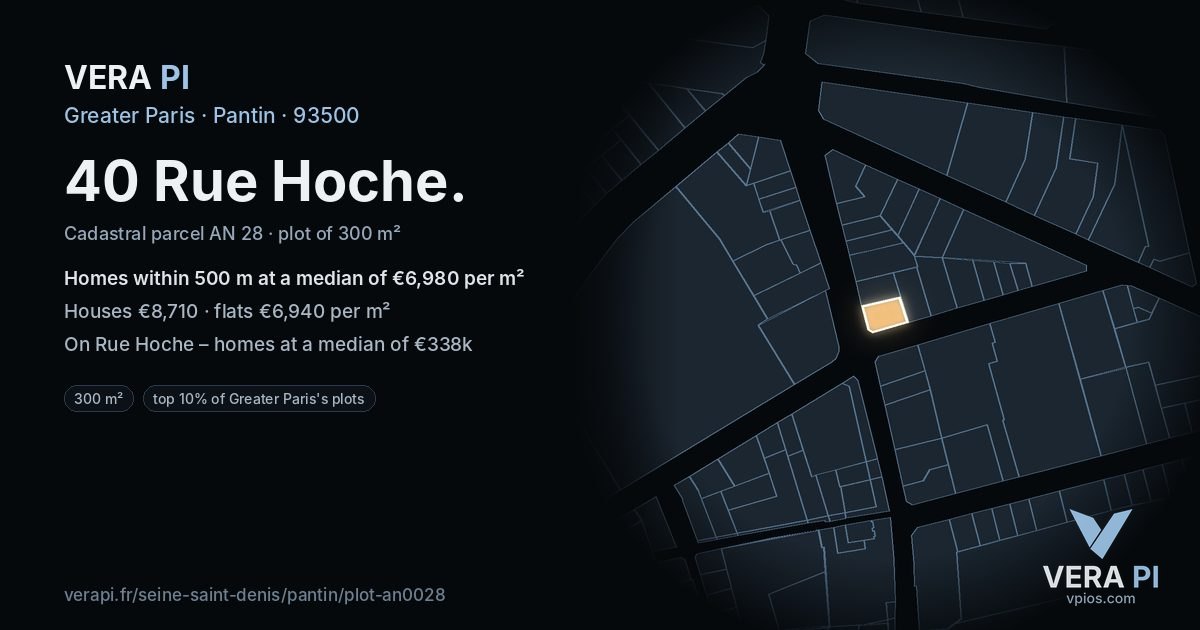 40 Rue Hoche, Pantin at night – the plot lit, the parcels around coloured by the prices near them