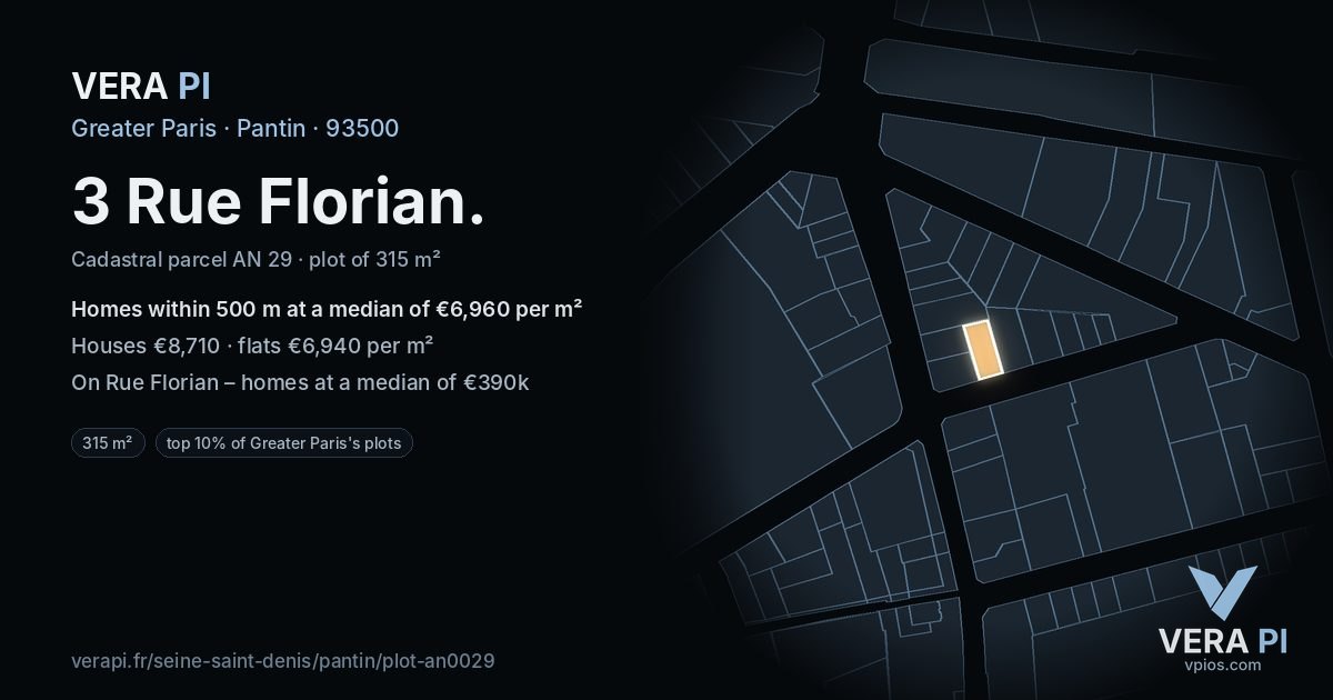 3 Rue Florian, Pantin at night – the plot lit, the parcels around coloured by the prices near them