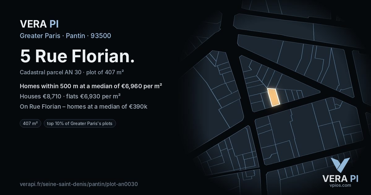 5 Rue Florian, Pantin at night – the plot lit, the parcels around coloured by the prices near them