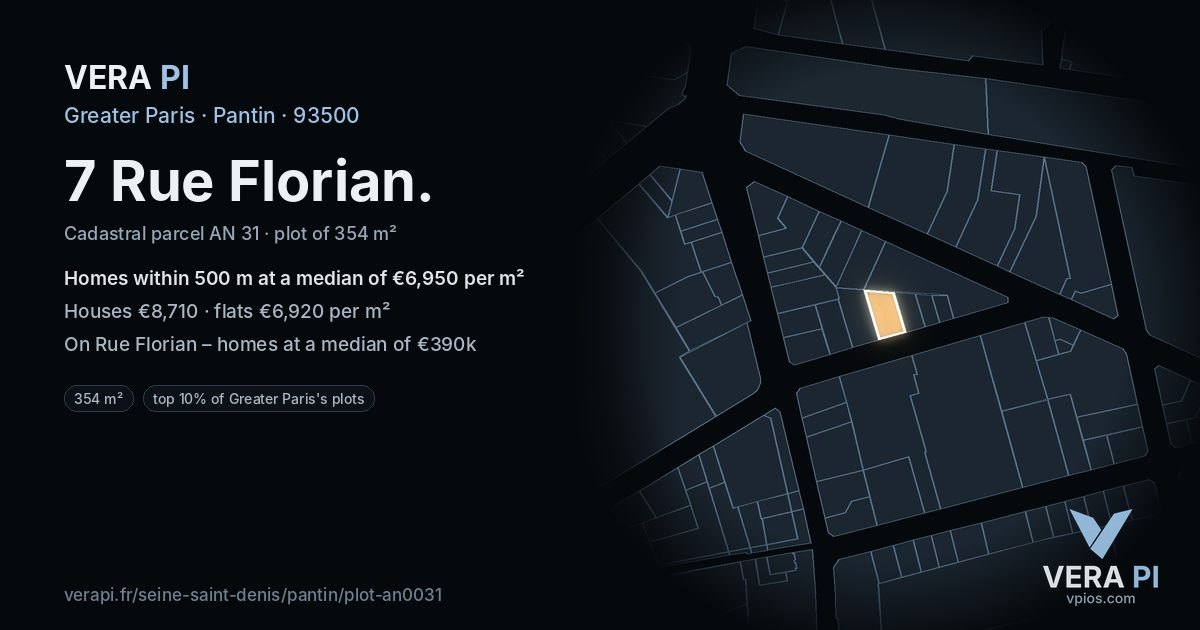 7 Rue Florian, Pantin at night – the plot lit, the parcels around coloured by the prices near them