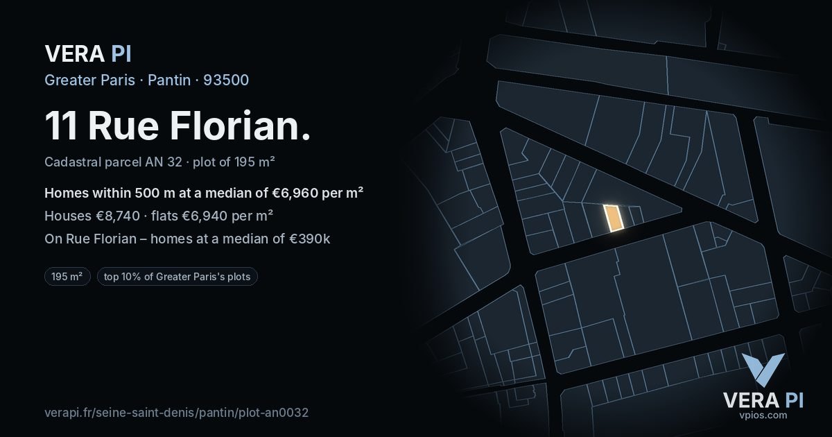 11 Rue Florian, Pantin at night – the plot lit, the parcels around coloured by the prices near them