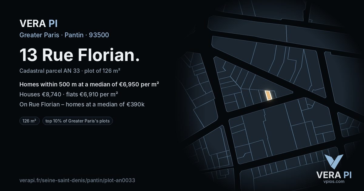 13 Rue Florian, Pantin at night – the plot lit, the parcels around coloured by the prices near them