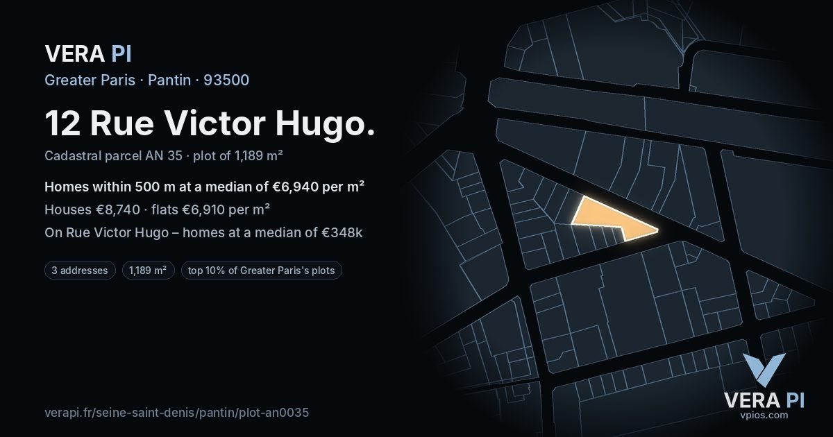 12 Rue Victor Hugo, Pantin at night – the plot lit, the parcels around coloured by the prices near them