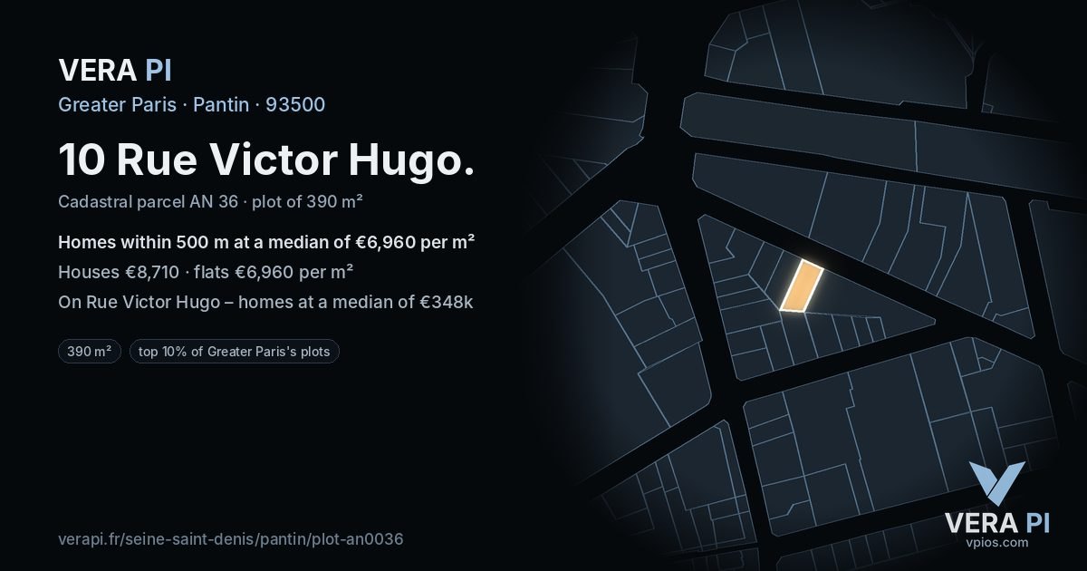 10 Rue Victor Hugo, Pantin at night – the plot lit, the parcels around coloured by the prices near them