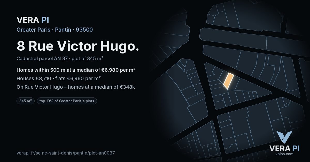 8 Rue Victor Hugo, Pantin at night – the plot lit, the parcels around coloured by the prices near them