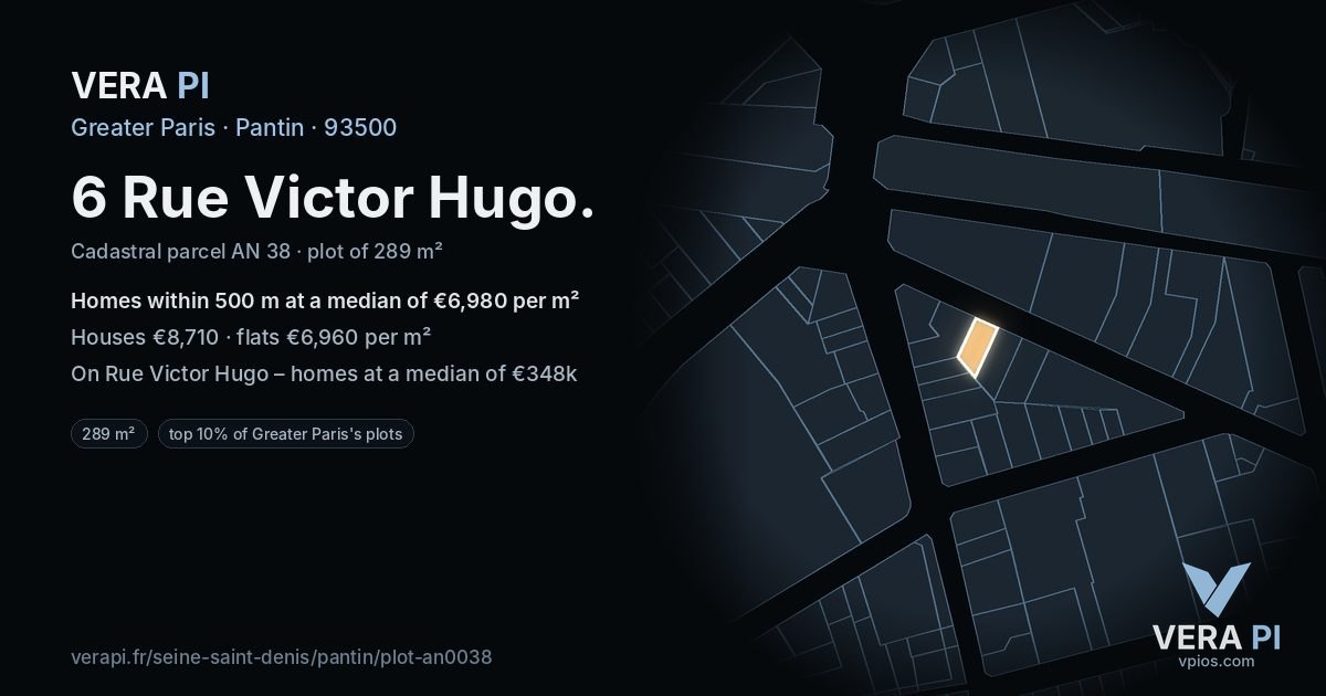 6 Rue Victor Hugo, Pantin at night – the plot lit, the parcels around coloured by the prices near them