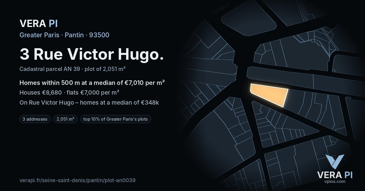3 Rue Victor Hugo, Pantin at night – the plot lit, the parcels around coloured by the prices near them