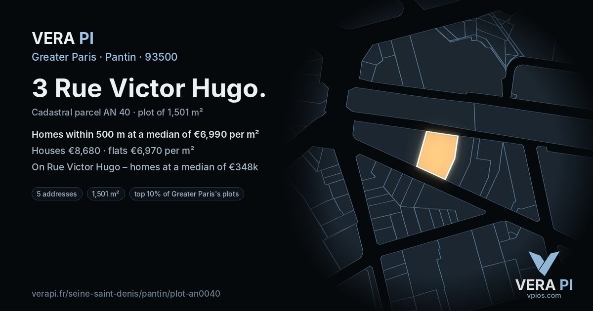 3 Rue Victor Hugo, Pantin at night – the plot lit, the parcels around coloured by the prices near them