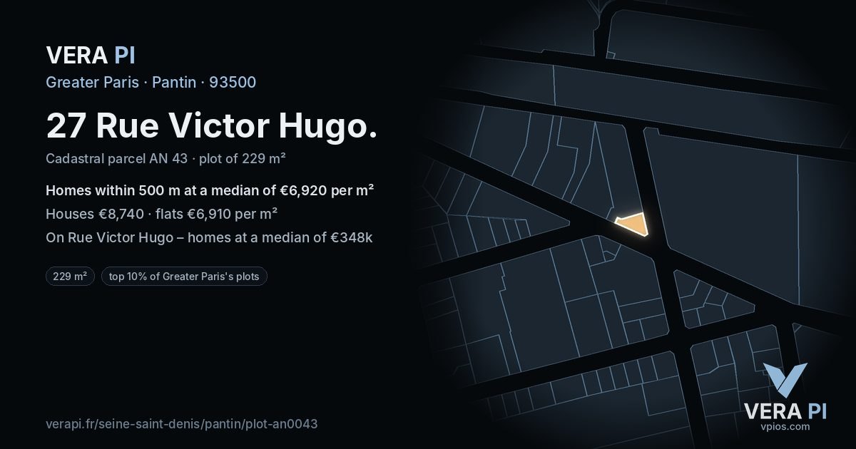 27 Rue Victor Hugo, Pantin at night – the plot lit, the parcels around coloured by the prices near them