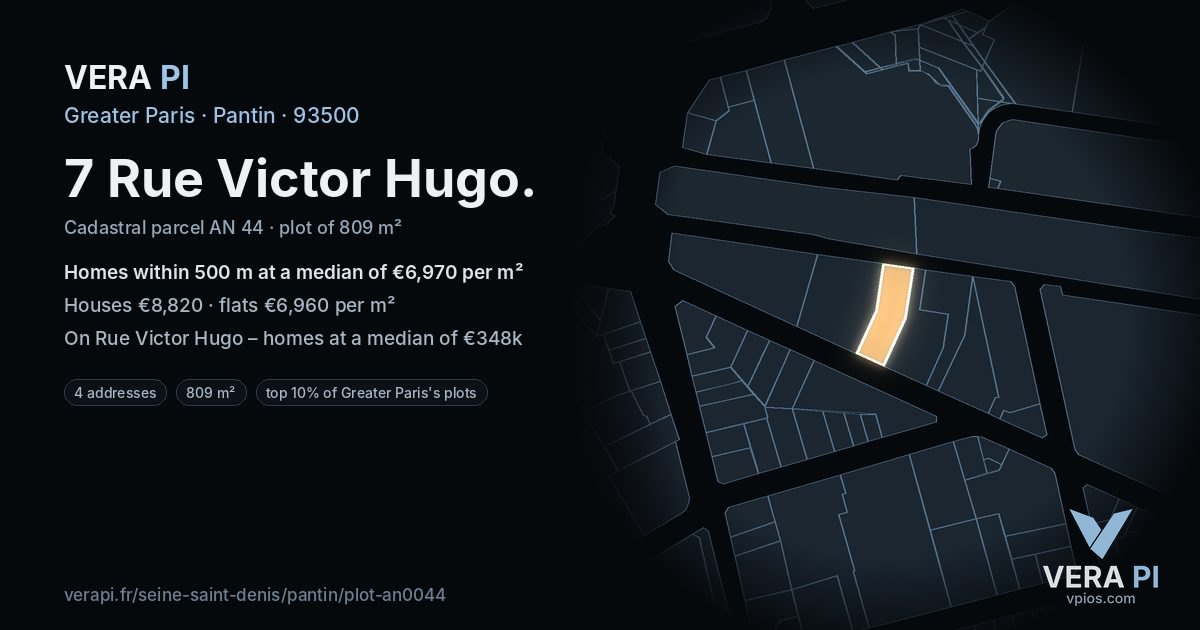 7 Rue Victor Hugo, Pantin at night – the plot lit, the parcels around coloured by the prices near them