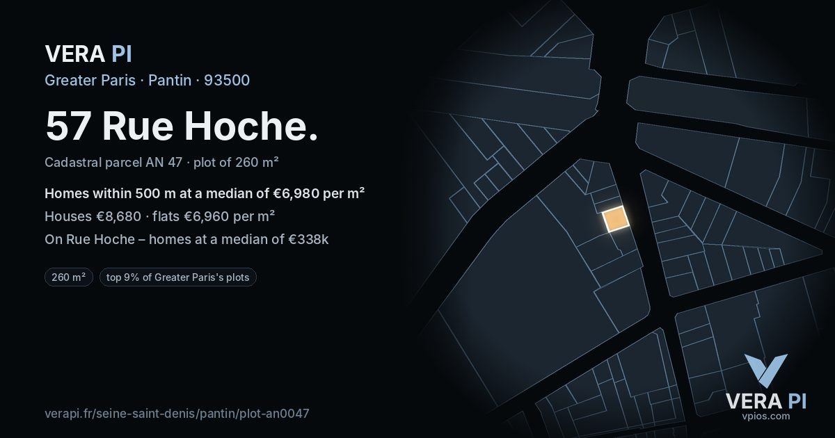 57 Rue Hoche, Pantin at night – the plot lit, the parcels around coloured by the prices near them