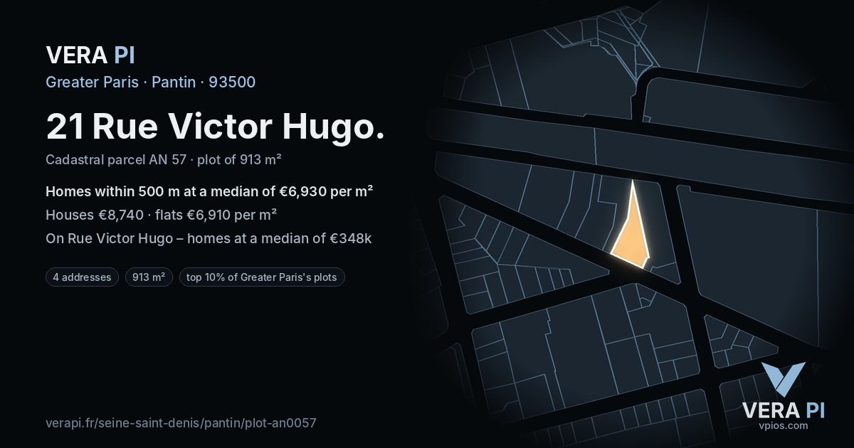 21 Rue Victor Hugo, Pantin at night – the plot lit, the parcels around coloured by the prices near them