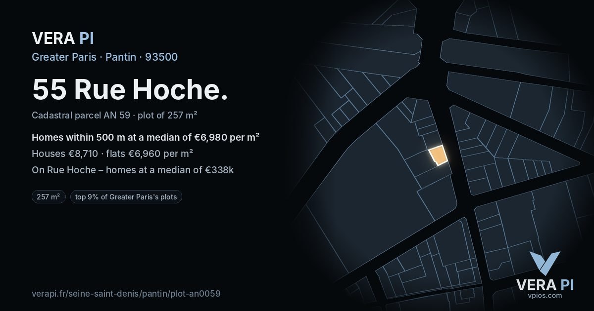 55 Rue Hoche, Pantin at night – the plot lit, the parcels around coloured by the prices near them