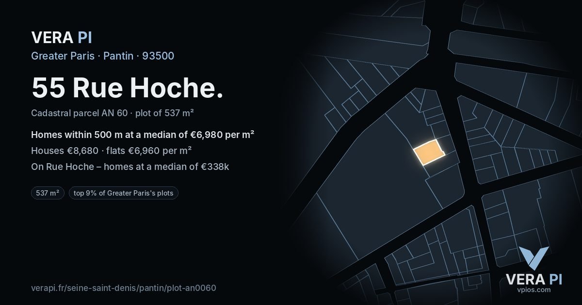 55 Rue Hoche, Pantin at night – the plot lit, the parcels around coloured by the prices near them