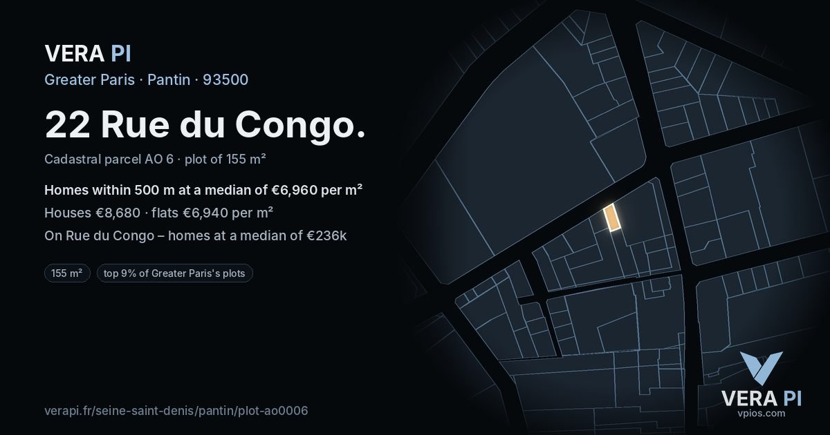 22 Rue du Congo, Pantin at night – the plot lit, the parcels around coloured by the prices near them