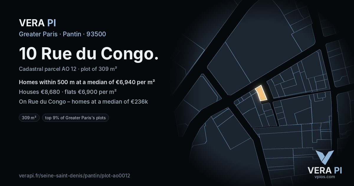 10 Rue du Congo, Pantin at night – the plot lit, the parcels around coloured by the prices near them