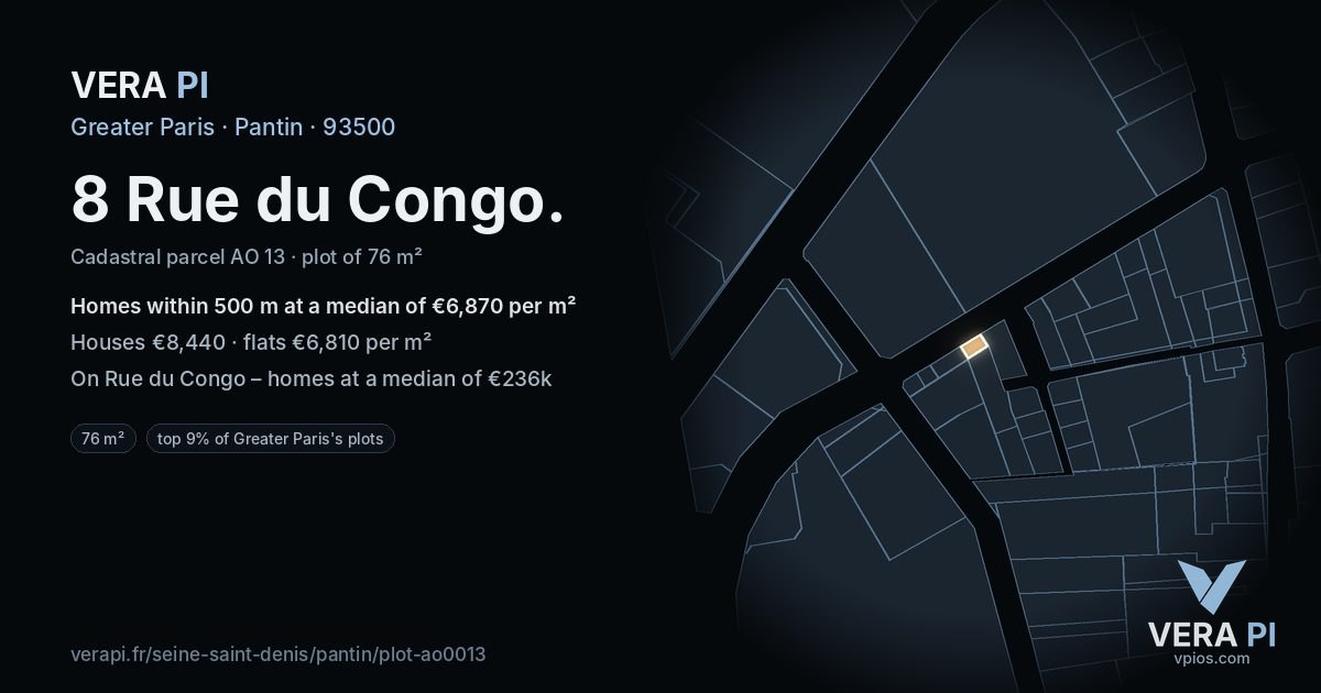 8 Rue du Congo, Pantin at night – the plot lit, the parcels around coloured by the prices near them