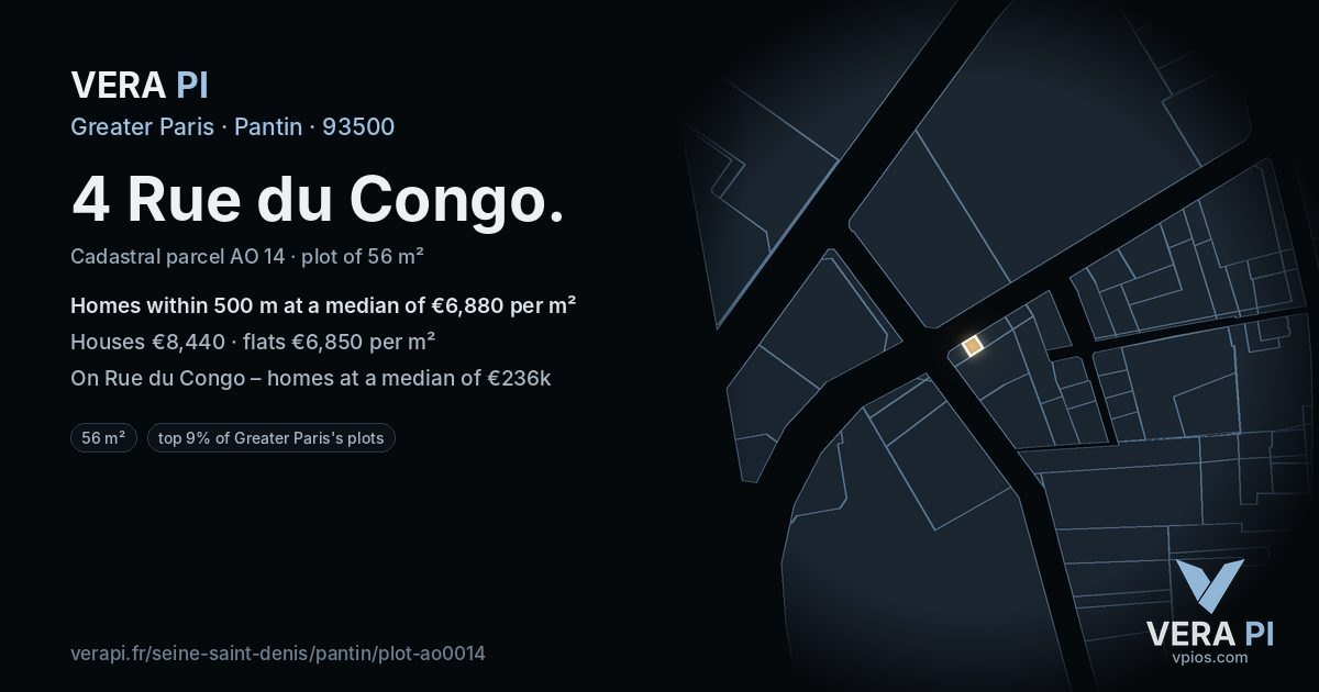 4 Rue du Congo, Pantin at night – the plot lit, the parcels around coloured by the prices near them