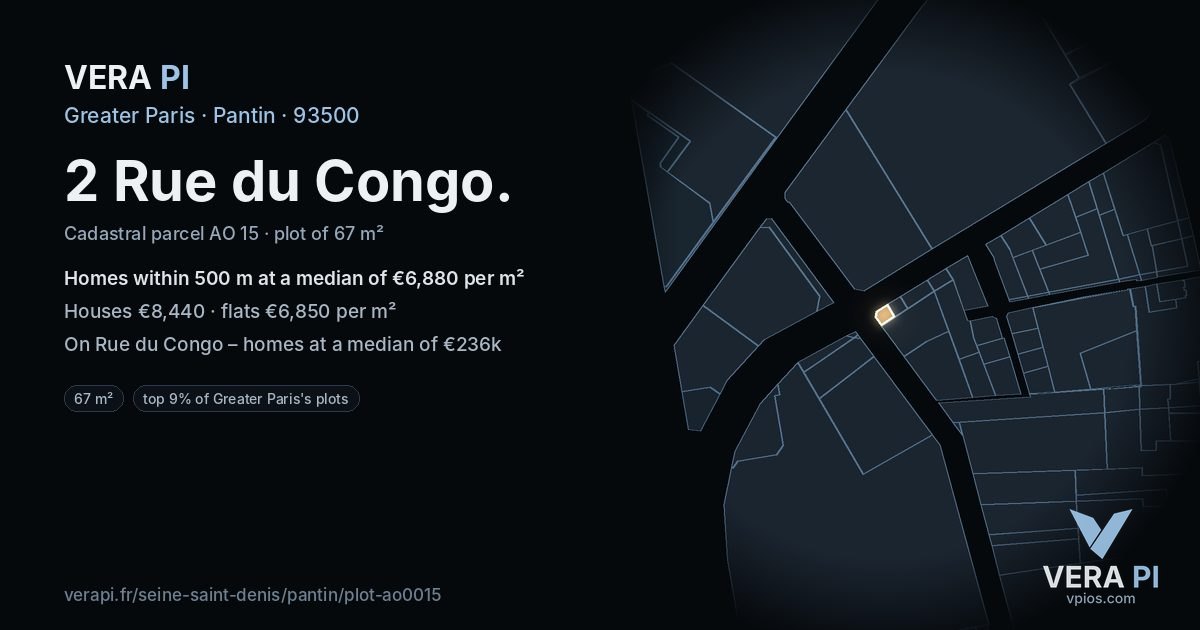 2 Rue du Congo, Pantin at night – the plot lit, the parcels around coloured by the prices near them