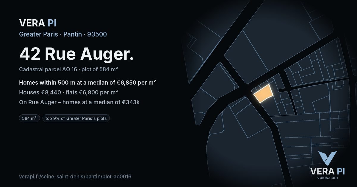 42 Rue Auger, Pantin at night – the plot lit, the parcels around coloured by the prices near them