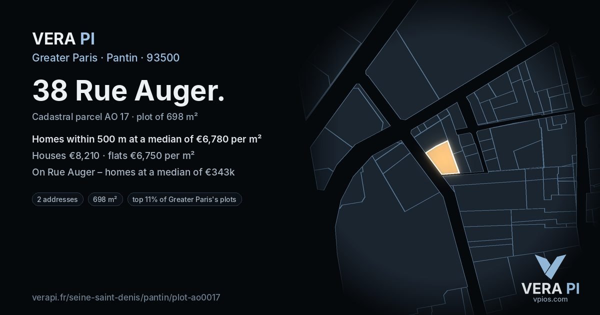 38 Rue Auger, Pantin at night – the plot lit, the parcels around coloured by the prices near them