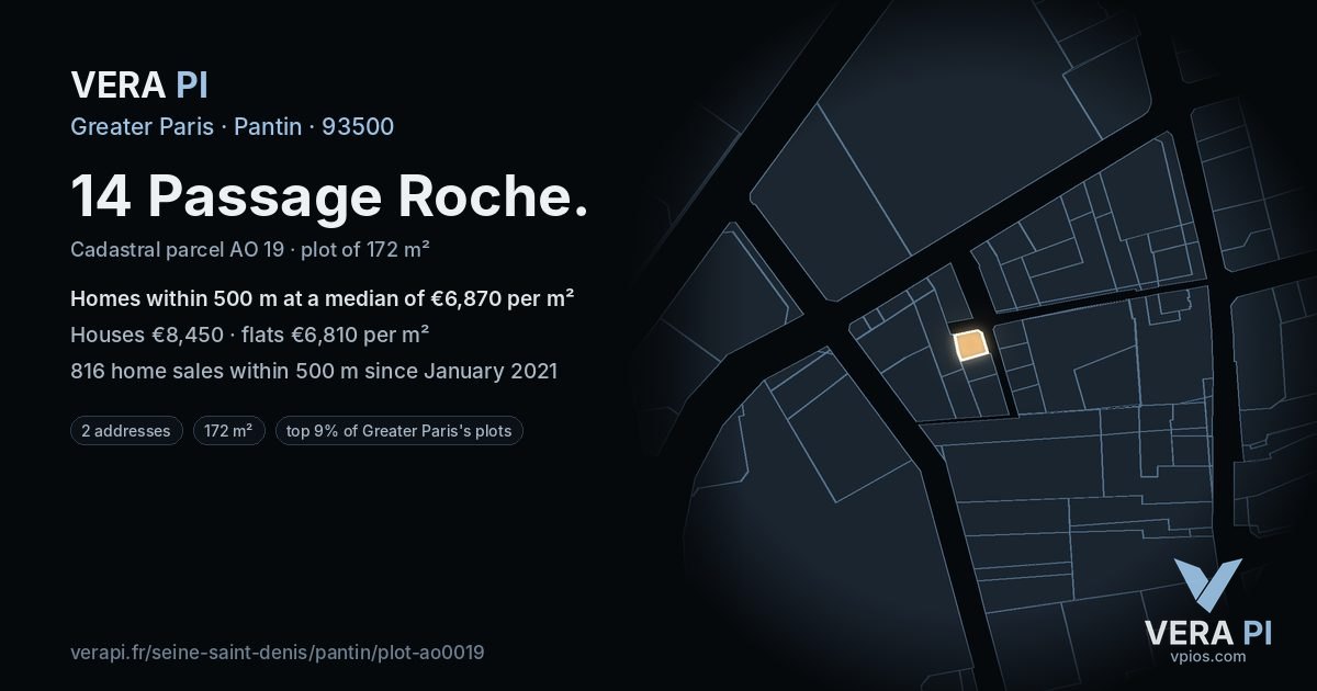 14 Passage Roche, Pantin at night – the plot lit, the parcels around coloured by the prices near them