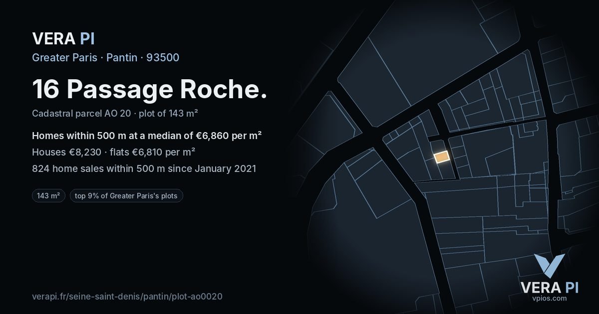 16 Passage Roche, Pantin at night – the plot lit, the parcels around coloured by the prices near them