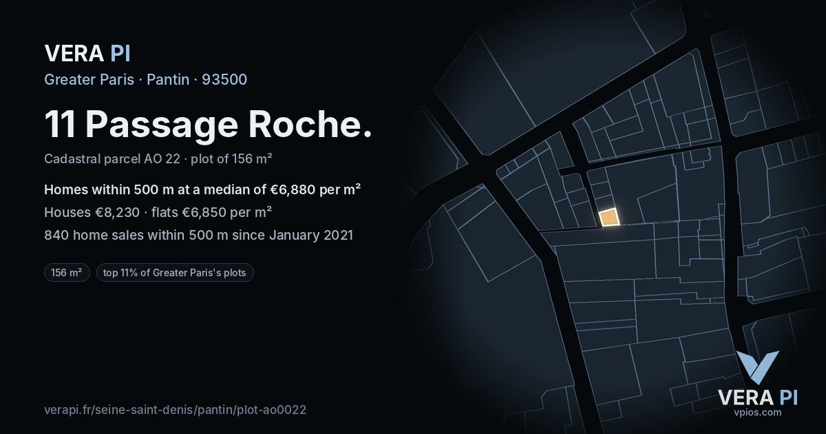 11 Passage Roche, Pantin at night – the plot lit, the parcels around coloured by the prices near them