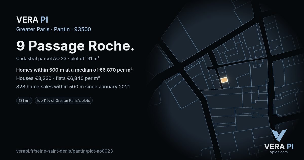 9 Passage Roche, Pantin at night – the plot lit, the parcels around coloured by the prices near them
