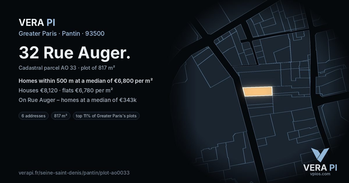 32 Rue Auger, Pantin at night – the plot lit, the parcels around coloured by the prices near them