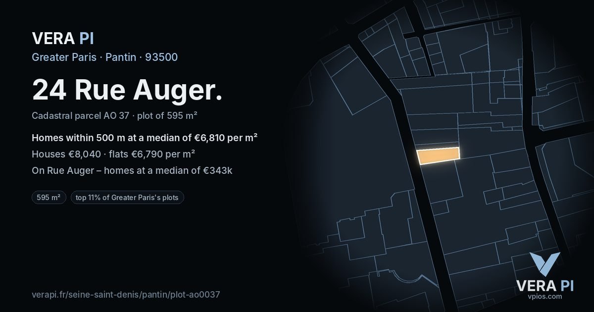 24 Rue Auger, Pantin at night – the plot lit, the parcels around coloured by the prices near them