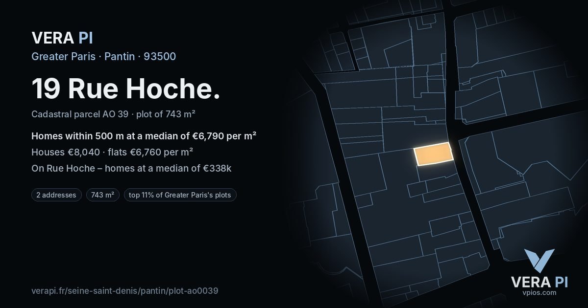 19 Rue Hoche, Pantin at night – the plot lit, the parcels around coloured by the prices near them