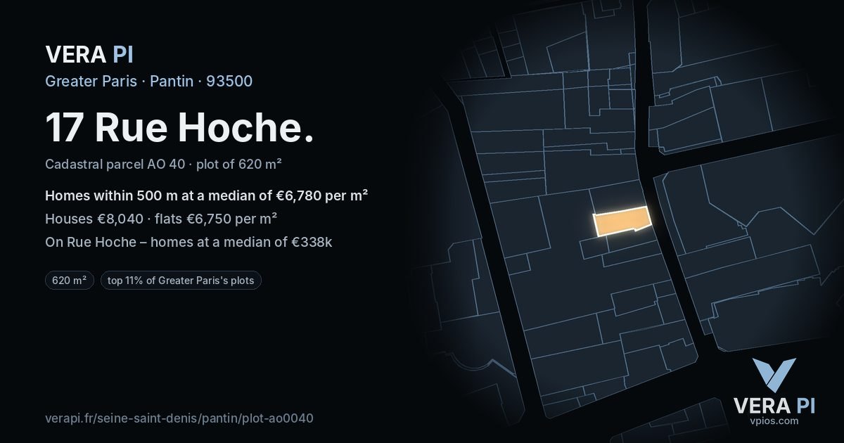 17 Rue Hoche, Pantin at night – the plot lit, the parcels around coloured by the prices near them