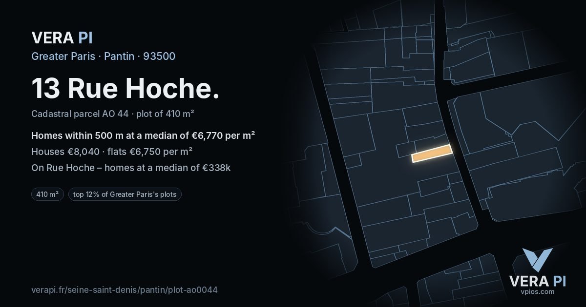 13 Rue Hoche, Pantin at night – the plot lit, the parcels around coloured by the prices near them