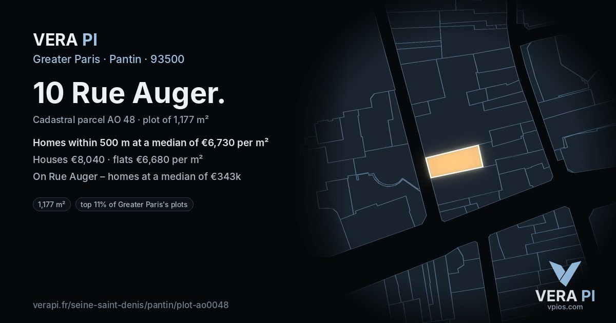 10 Rue Auger, Pantin at night – the plot lit, the parcels around coloured by the prices near them