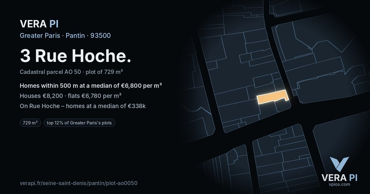 3 Rue Hoche, Pantin at night – the plot lit, the parcels around coloured by the prices near them