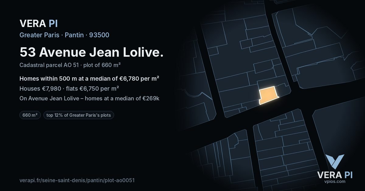 53 Avenue Jean Lolive, Pantin at night – the plot lit, the parcels around coloured by the prices near them