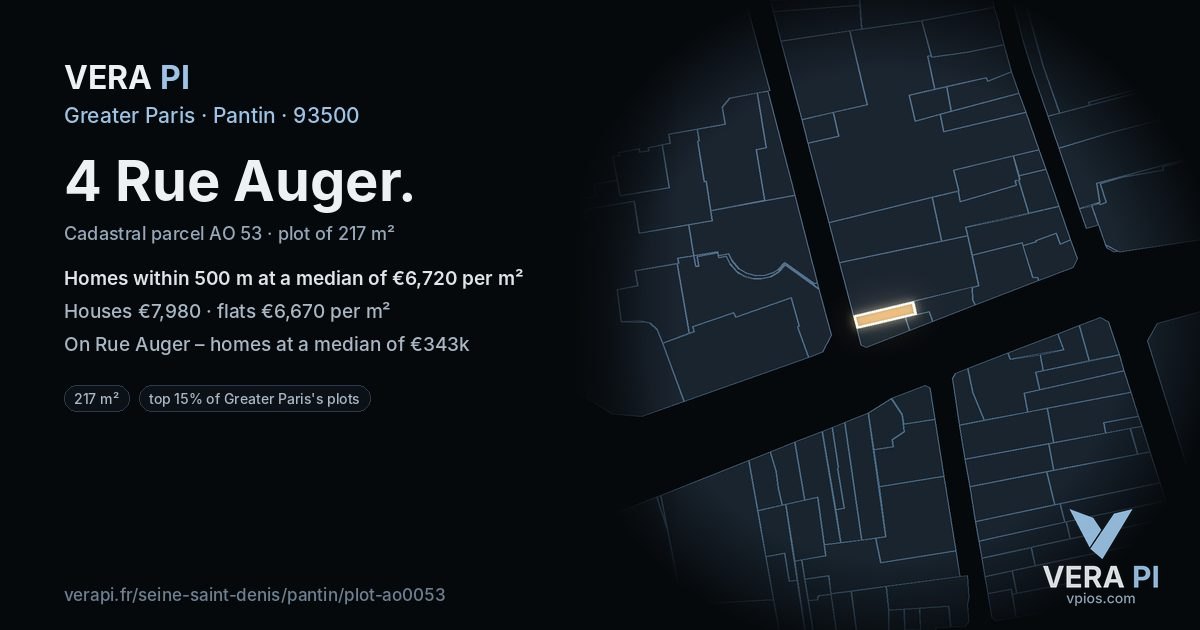 4 Rue Auger, Pantin at night – the plot lit, the parcels around coloured by the prices near them