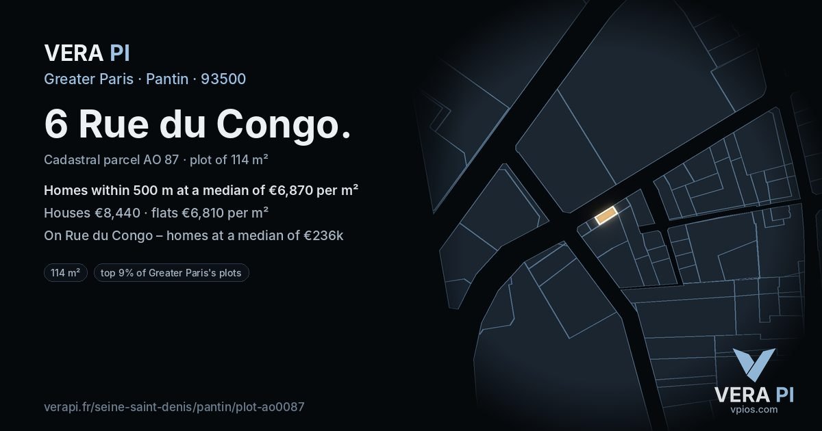 6 Rue du Congo, Pantin at night – the plot lit, the parcels around coloured by the prices near them