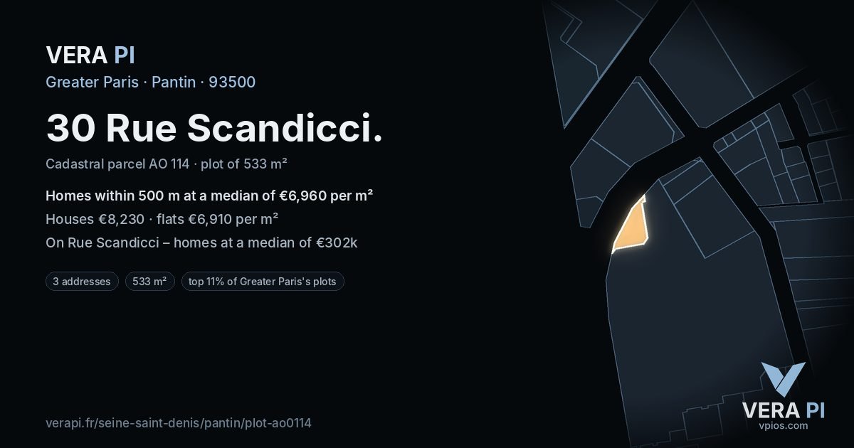 30 Rue Scandicci, Pantin at night – the plot lit, the parcels around coloured by the prices near them