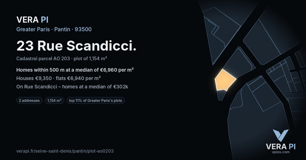 23 Rue Scandicci, Pantin at night – the plot lit, the parcels around coloured by the prices near them