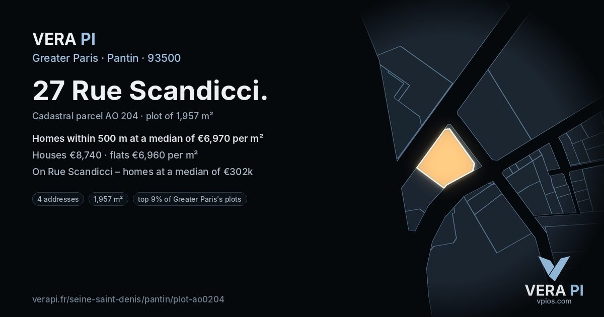 27 Rue Scandicci, Pantin at night – the plot lit, the parcels around coloured by the prices near them
