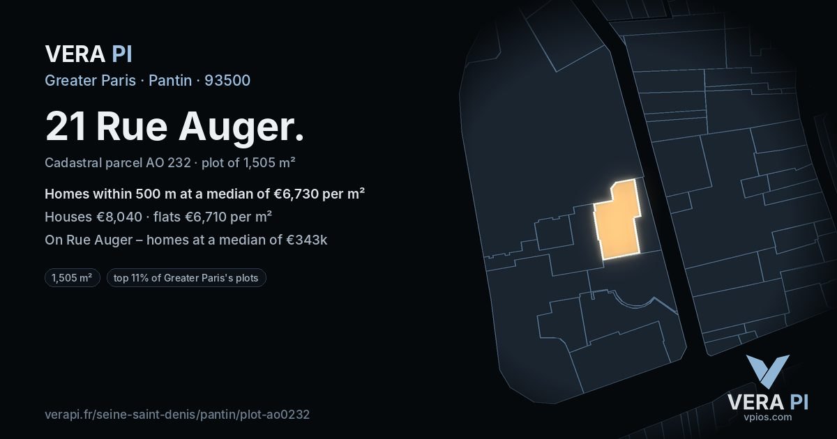21 Rue Auger, Pantin at night – the plot lit, the parcels around coloured by the prices near them